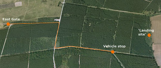 Orange path drawn by Staff Sergeant James W. Penniston on aerial of East Gate on left, the road out in which the second 90 degree turn is on the dirt logging trail out to “Vehicle Stop” and “Landing Site.”