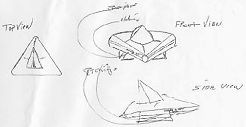 Staff Sergeant James W. Penniston's sketch of triangle-shaped, dark glassy surfaced craft he photographed and touched in early hours of December 26, 1980.