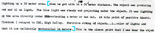 Excerpt of Staff Sergeant James W. Penniston's typed statement about light encounters in early hours of December 26, 1980.
