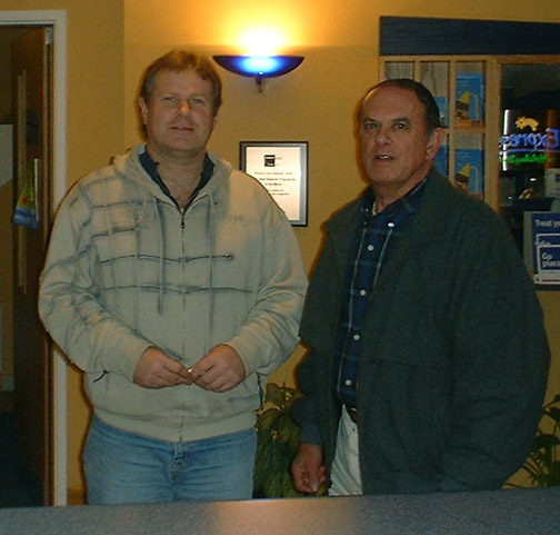 On left, Gary Heseltine meeting retired USAF Lt. Col. Charles I. Halt in England for the first time in December 2007, during a documentary production for the American History Channel about a series of UFO events at the joint U. S. and RAF Bentwaters AFB near Rendlesham Forest, England, between the early morning hours of December 26 and December 28, 1980. Image provided by Gary Heseltine.