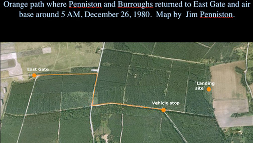 Aerial of RAF Woodbridge East Gate and Rendlesham Forest illustrated with orange-colored path that Jim Penniston, John Burroughs and Edward Cabansag took following mysterious, unidentified aerial lights after midnight on December 26, 1980. Computer illustration by James W. Penniston.