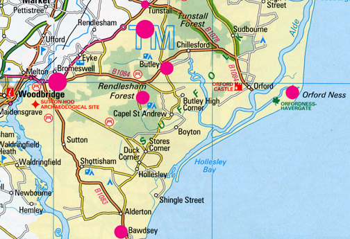 Farmer's field in general area of central pink circle in Rendlesham Forest near Capel St. Andrew, England. The Orford Ness lighthouse is the far right pink circle. RAF Bentwaters is top large pink circle, 4 miles northeast of RAF Woodbridge, pink circle at Woodbridge.