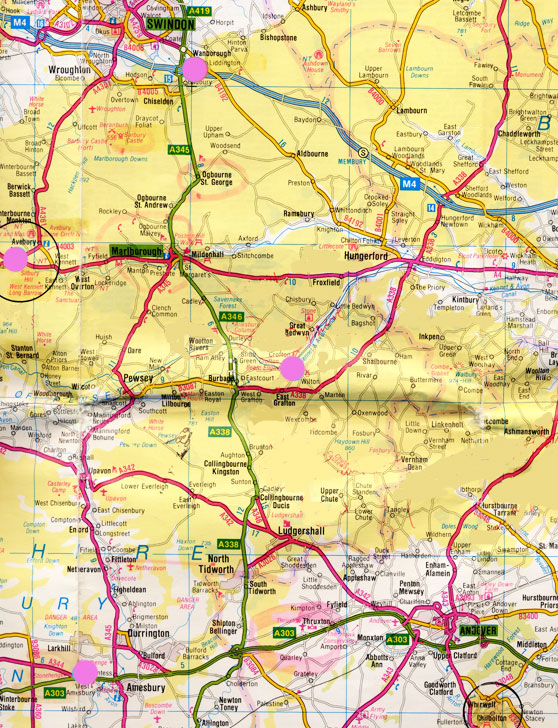 Liddington Castle (upper left pink circle) is northeast of Avebury stone circles and Silbury Hill (center left circle). Southeast of Avebury is the Wilton Windmill (center circle). Ancient Stonehenge is bottom left circle. Left of Stonehenge, off the map to the west, is Codford St. Peter, location of June 3rd 12-fold geometry.