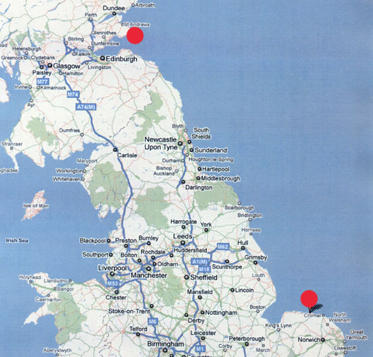 Upper red circle marks St. Andrews Bay and Firth of Forth, Scotland. About 300 miles southeast down the North Sea coast the bottom red circle marks the location of Blakeney Point, Morston and Wells beaches in North Norfolk County, England.