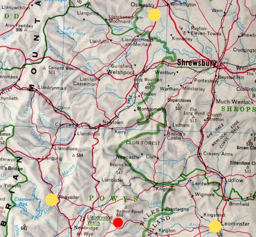 Triangular region of high strangeness marked by the three yellow circles from Oswestry, Shropshire, England, in the north to Leominster in the southeast to Rhayader, Wales, in the southwest. Between Leominster and Rhayader, the red circle marks the Radnor Forest, Radnorshire region of sheep mutilations and red-orange spheres.