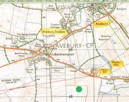 The reddish iris on the map marks the position of 5,000-year-old Silbury Hill that rises 130 feet above the land on the north side of the Roman Road. Across the road to the south, the topography rises to another hill nearly as high as Silbury Hill. The 350-foot-diameter “Quetzalcoatl Headdress” is marked by the green circle.