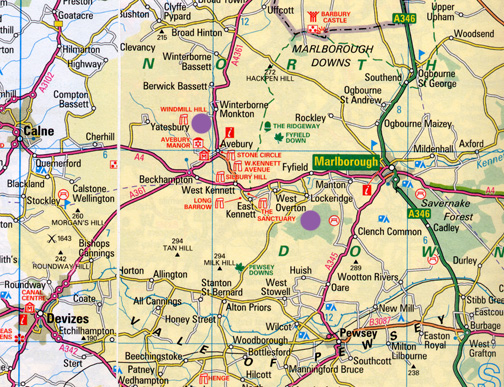 Upper left purple circle marks location of Windmill Hill near the ancient stones of Avebury. The lower right purple circle marks the location of West Overton near Lockeridge, both in the English county of Wiltshire.