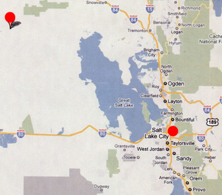 Grouse Creek, Utah (upper left circle) is about 250 miles northwest of Salt Lake City, Utah, beyond the Great Salt Lake. Dugway Proving Ground, an Army facility in the grey area at bottom of map is about 85 miles southwest of SLC in southern Tooele County.