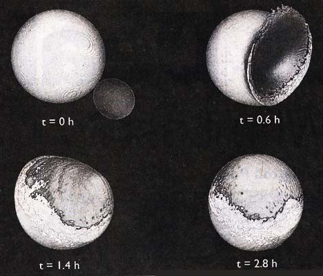 Illustration of four stages in collision between Earth's present Moon and a companion moon about 4 billion years ago. The smaller moon crashed in a “big splat” against the bigger moon, according to theory by Martin Jutzi and Erik Asphaug, University of California - Santa Cruz, in August 4, 2011 issue of the journal Nature.