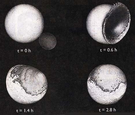 Illustration of four stages in collision between Earth's present Moon and a companion moon about 4 billion years ago. The smaller moon crashed in a “big splat” against the bigger moon, according to theory by Martin Jutzi and Erik Asphaug, University of California - Santa Cruz, in August 4, 2011 issue of the journal Nature.