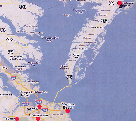 NASA's Wallop Island is upper red circle. NASA said there were no launches Tuesday evening. The loud booming sound was heard from Suffolk to Chesapeake, Norfolk and Virginia Beach between 7 - 7:30 PM Eastern on Tuesday, May 10, 2011.