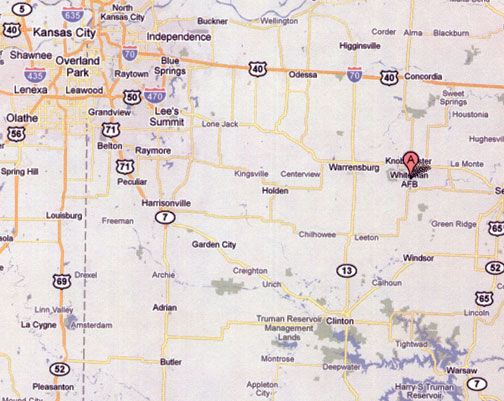 Whiteman AFB at Knob Noster, Missouri, is marked with red marker 70 miles southeast of Kansas City, Missouri. Map by Google.