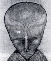 Drawing by Aleister Crowley of  “Lam, an extraterrestrial” after alleged 1919 contact, as reprinted in The Magical Revival © 1991 by Kenneth Grant.