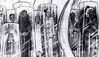 “The people of all races and times encased in clear rectangular receptacles” for preservation by the non-human beings Betty Andreasson called The Watchers, who have monitored the Earth for thousands of years. Illustration © Betty Andreasson Luca.