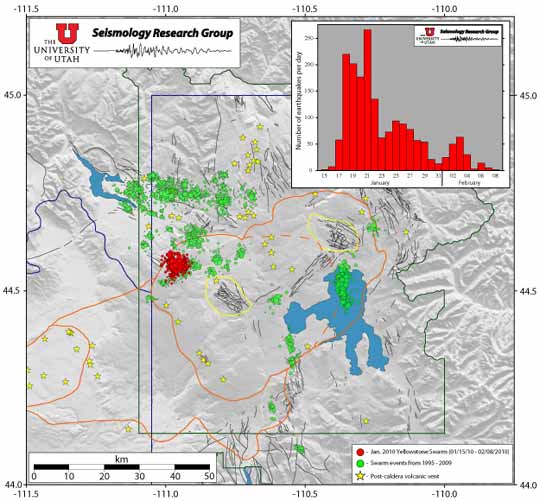 On January 17, 2010,  a swarm of earthquakes started up in the Yellowstone National Park on the northwestern part of the Yellowstone caldera (red dots on map). By February 8, 2010, there had been about 1,800 earthquakes – most of them too small to be felt, but some were larger and people felt them around the Old Faithful geyser. Map by Univ. of Utah Seismology Research Group.
