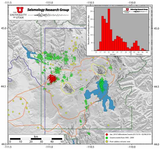 On January 17, 2010, a swarm of earthquakes started up in the Yellowstone National Park on the northwestern part of the Yellowstone caldera (red dots on map). By February 8, 2010, there had been about 1,800 earthquakes – most of them too small to be felt, but some were larger and people felt them around the Old Faithful geyser. Map by Univ. of Utah Seismology Research Group.