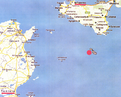 The island complex of Malta (red circle) is in the Mediterranean Sea 176 miles east of Tunisia in North Africa on the lower left. The tip of Italy (Palermo highlighted) upper right.