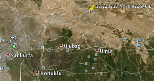 Yellow marker at coordinates for Gobekli Tepe:  37.223237° N,  38.922546° E  Gobekli Tepe in Turkish means “Potbelly Hill,” an archaeological site nine miles northeast of Sanliurfa not far from the Syrian border. The region's water comes from the Euphrates, the longest river of Western Asia, that originates upstream from Keban, Elazig Province in eastern Turkey.