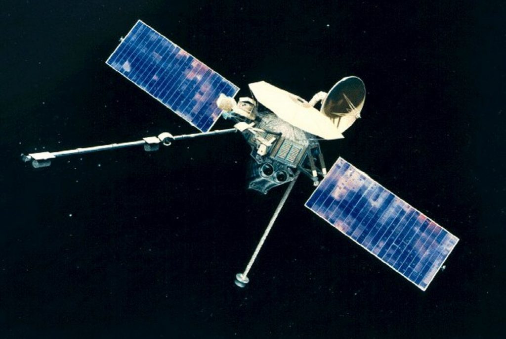 Mariner 10 was launched on November 3, 1973, to fly by our solar system's planets Mercury and Venus to return the first-ever close-up images of those planets. The primary scientific objectives of the mission were to measure Mercury's and Venus's environment, atmosphere, surface, and body characteristics. Image by NASA.