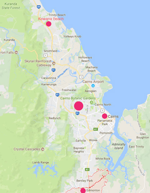 The massive boom experienced at 11:15 PM local time in Cairns on Saturday night, October 7, 2017, was heard from Kewarra Beach, a northern suburb, to several miles south in Edmonton, a suburb of downtown Cairns. The larger red circle in the map below is where most of the eyewitnesses to a bright sky flash a second before the boom were reported in and around the Manoora suburb, according to researcher Zane Cosgrove.