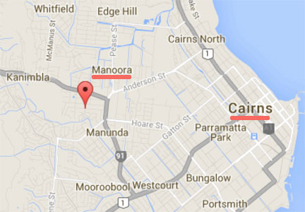 The Manoora suburb is a couple of miles northwest of downtown Cairns on the Coral Sea of Queensland, Australia.