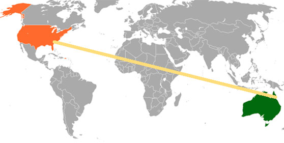 From Cairns on the Coral Sea of Queensland, Australia (lower right), the yellow line begins and extends for 9,328 miles northwest across the equator into the Northern Hemisphere and ends at Winston-Salem, North Carolina. When it's 11:15 PM on Saturday night, October 7, 2017, in Cairns, it is 10:15 AM Eastern on Saturday morning, October 7, 2017, in Winston-Salem, NC.