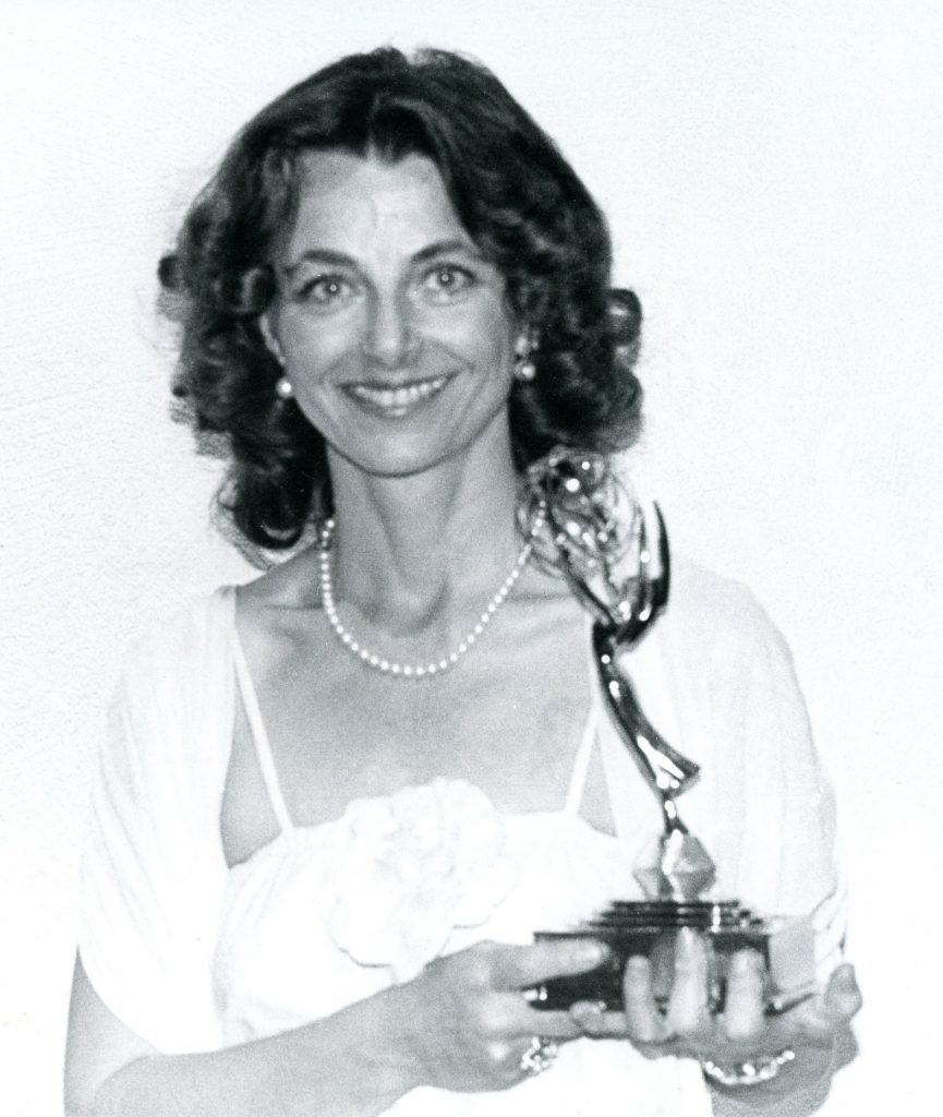 Linda Moulton Howe receiving Regional Emmy for documentary A Strange Harvest, Scottsdale, AZ, June 13, 1981.