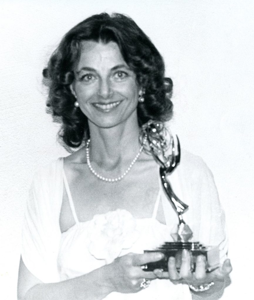 Linda Moulton Howe receiving Regional Emmy for documentary A Strange Harvest, Scottsdale, AZ, June 13, 1981.