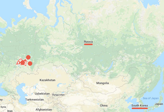 The far left red circle on the red bordered region is Tatarstan. The upper red circle is Udmurtia. The third far right red circle is Bashkortostan. The three regions are in the Russian Ural Mountains.