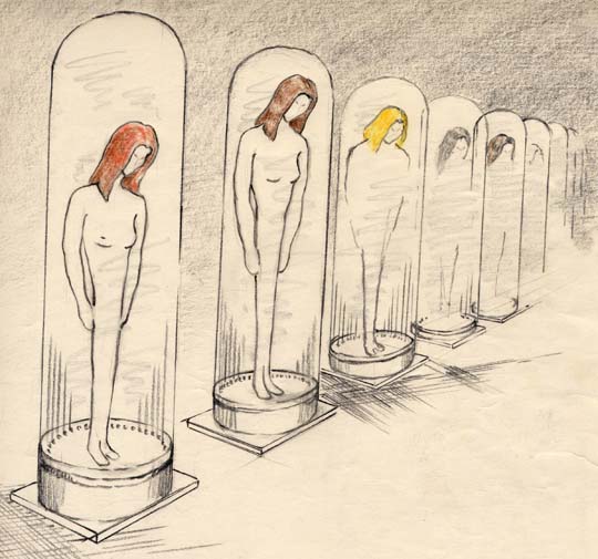 The huge room was filled with tall and shorter humanoid bodies (abductee Wanna Lawson thought there was a mixture of humans and non-humans). The short, plump abductee female was transferred into a tall, thin preserved body and explored the craft with another tall, male humanoid. She did not understand how the transfer from her body into the cloned body was made. Illustration by L. Hoffman for Linda Moulton Howe © 1992. See 2-volume Glimpses of Other Realities in Earthfiles Shop.