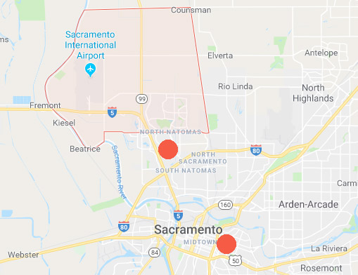 North Natomas, California, is between the Sacramento Int'l. Airport and downtown Sacramento in central northern California.