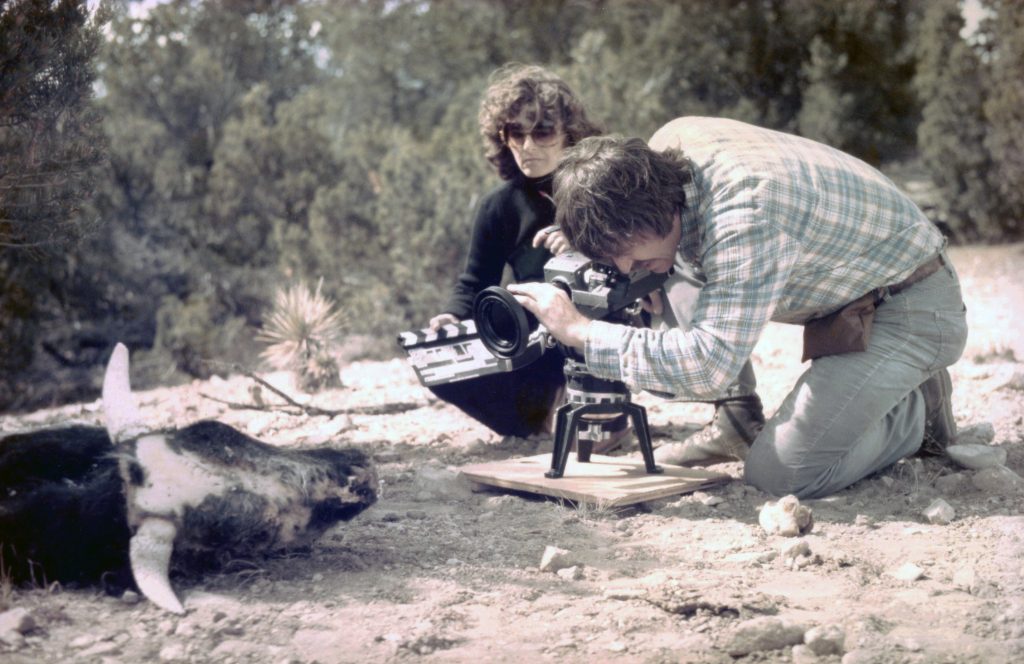 Producer-writer-director-editor-reporter Linda Moulton Howe in October 1979, filmed a  mutilated bull in Walsenburg, Colorado, with cameraman Richard Lerner. Law enforcement said that “the  perpetrators of the animal mutilations are creatures from outer space.” Photograph by audioman Mark O'Kane.