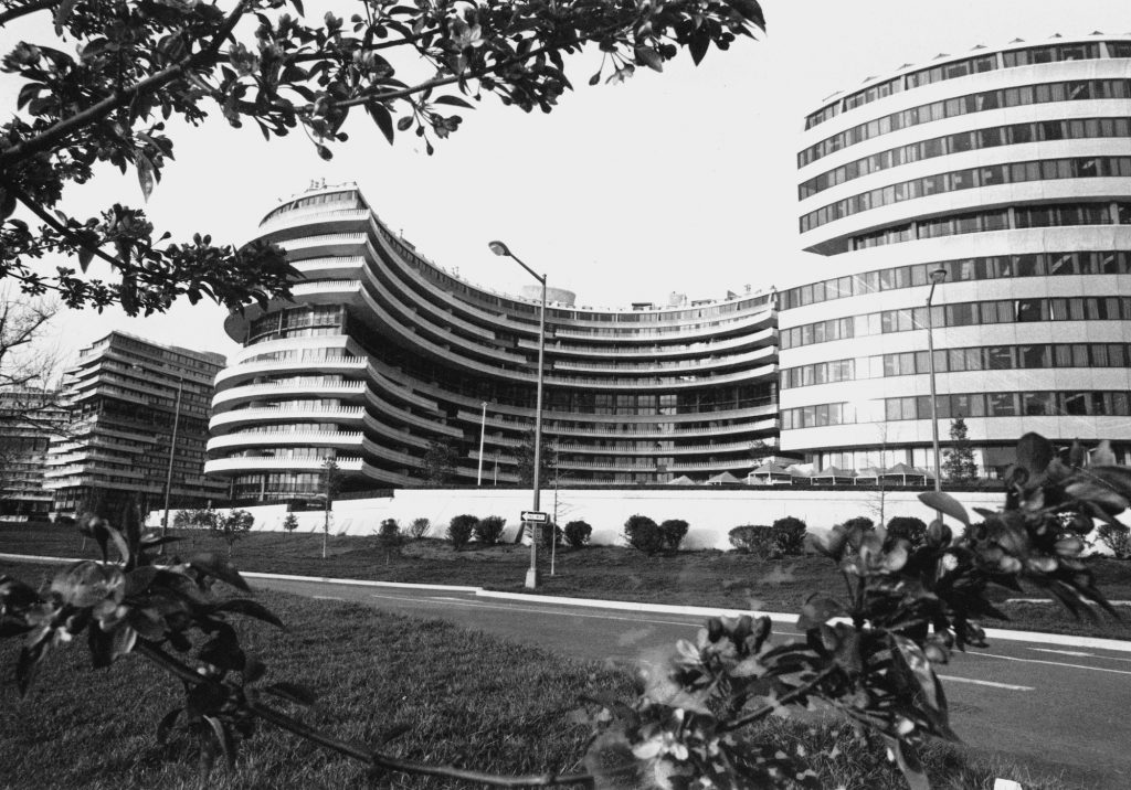 The Watergate hotel/office/apartment complex on Washington, D. C.'s Potomac River waterfront and 1972 home to the Democratic National Committee (DNC) offices. Police interrupted five burglars attempting to break into the DNC offices after midnight on June 17, 1972. Photo © by AP.