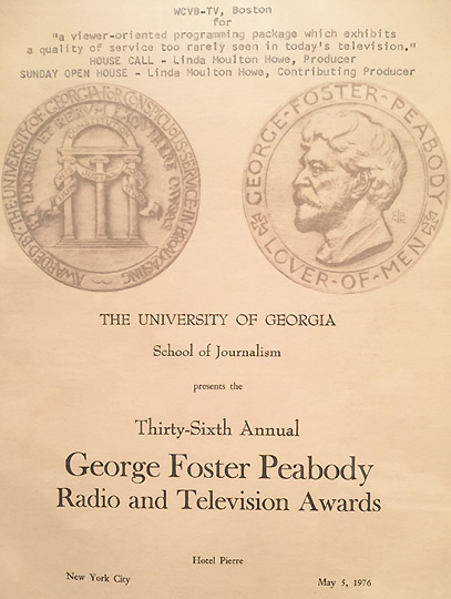 Linda Moulton Howe honored for medical and science productions in 1976 Boston WCVB-TV Peabody Award.