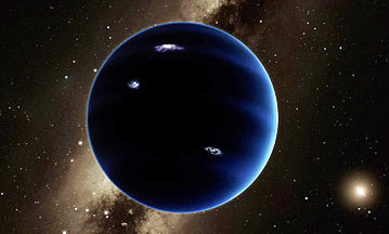 California Inst. of Technology astronomers Mike Brown, Ph.D., and Konstantin Batygin, Ph.D., discovered that thirteen objects in the Kuiper Belt surrounding our solar system were all moving together as if influenced by the gravity of a very large object that is so far not visible. Above illustration of ninth planet with our Sun in the lower right corner by Caltech/R. Hurt.