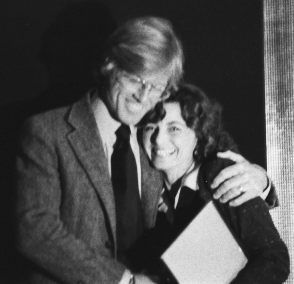 Linda Moulton Howe receiving the Environmental Citizen Participation Award from actor and environmentalist Robert Redford at the Denver EPA headquarters on January 1, 1980. Photograph by Richard Lerner, KMGH-TV.