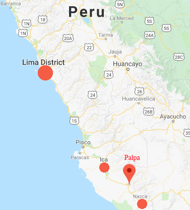Nazca is 250 miles south of Lima, Peru. Palpa is 33 miles northwest of Nazca. Ica is 60 miles northwest of Palpa and Paracas on the Pacific Ocean is 102 miles northwest of Palpa.
