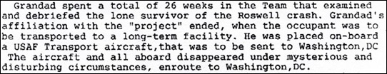 April 10, 1996, typed letter from U. S. Army grandson about grandfather in alleged Roswell UFO crash security team, 1947.