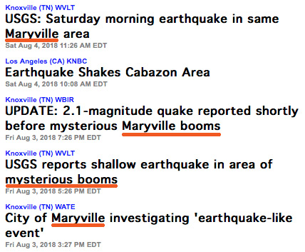 WxUSA-Earthquake News Headlines include quake activity in Maryville, Tennessee, where loud, unexplained booms have been reported from July 30th to August 4, 2018.