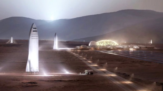 Is this what Elon Musk's Mars base will look like after he lands his Big Falcon Spaceship on the red planet perhaps in the next five years? Illustration by SpaceX.