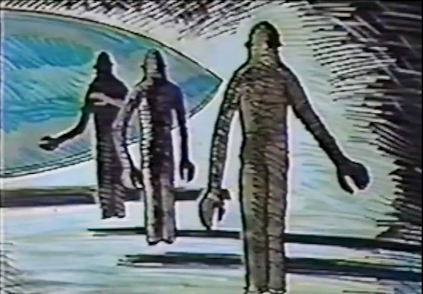 Illustration of three large, non-human entities floating in the air from a blue glowing craft to Calvin Parker and Charles Hixon fishing on the old metal pier of the Shaw Peters Shipyard in Pascagoula, Mississippi, on October 11, 1973.