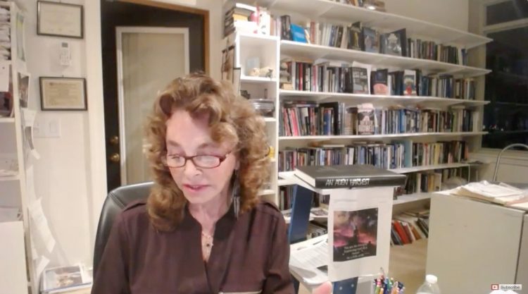 October 3, 2018, puzzling greyish fog-like substance comes through far corner dark window next to book shelves. Occurs for one second from 2:32 to 2:33 in Earthfiles YouTube Channel livestream broadcast by Reporter and Editor Linda Moulton Howe.