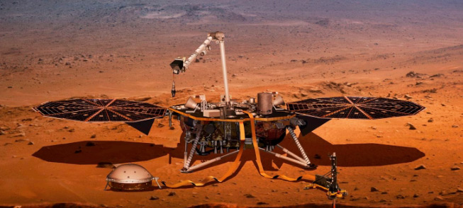 InSIGHT landed safely on Mars today, November 26, 2018, near 2:54 PM Eastern! It's the first lander to be able to dig at least 16 feet down into the Martian red soil and will have a seismometer to measure quake activity on the mysterious red planet! NASA image illustration of how InSIGHT looks like now on the flat plain of Elysium Planitia!