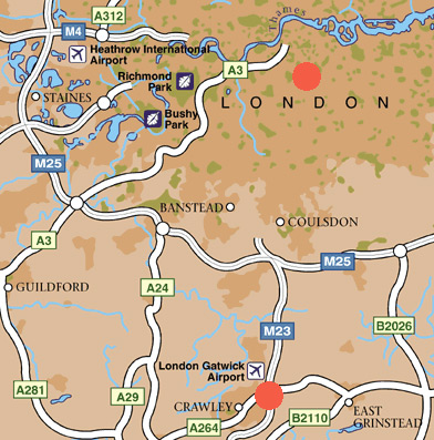 Gatwick Airport is about 29 miles south of London, England, the second busiest airport in the United Kingdom.