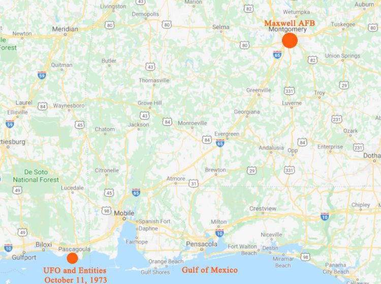 Montgomery and Maxwell AFB, Alabama, are 205 miles northeast from Pascagoula, Mississippi, where Calvin Parker and encountered a UFO and strange, robotic entities that floated over lake water on October 11, 1973.
