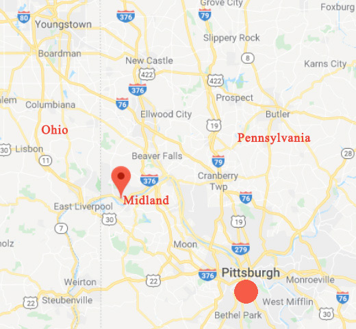 Midland, Pennsylvania, is about 36 miles northwest of Pittsburgh, PA. It is a small borough located along the Ohio River in rural Beaver County, PA, with a population near 2,600.