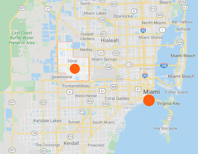 Doral, Florida, is 16 miles northwest of Miami and the Atlantic Ocean.