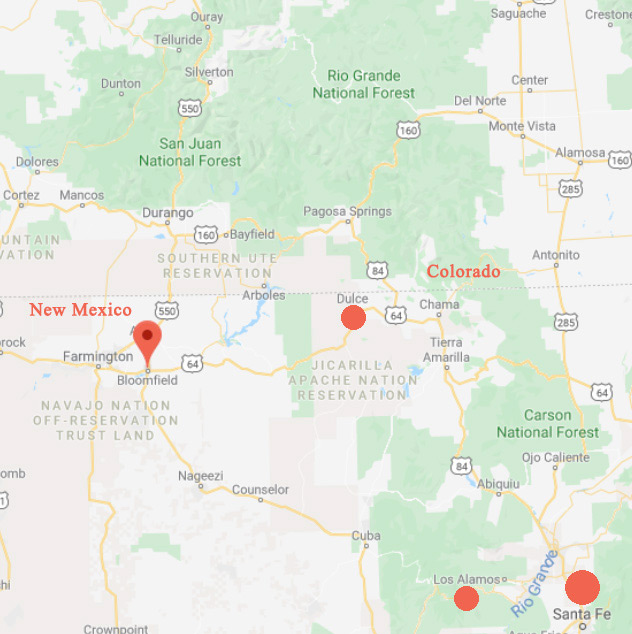Bloomfield, New Mexico, is 71 miles southwest of Dulce, New Mexico, famous for whistleblower accounts of a deep, multi-layer underground alien base where genetic experimentation has gone on for centuries. The Jicarilla Apache in Dulce are reluctant to talk about the "star people" that they say built the deep underground base centuries ago in Dulce's Archuleta Mountain.