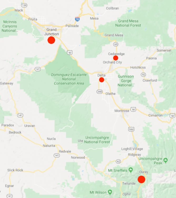 Grand Junction, Colorado, is 40 miles from Delta; Delta is 15 miles from Cedaredge. Grand Junction is 97 miles northwest of Ouray, Colorado.