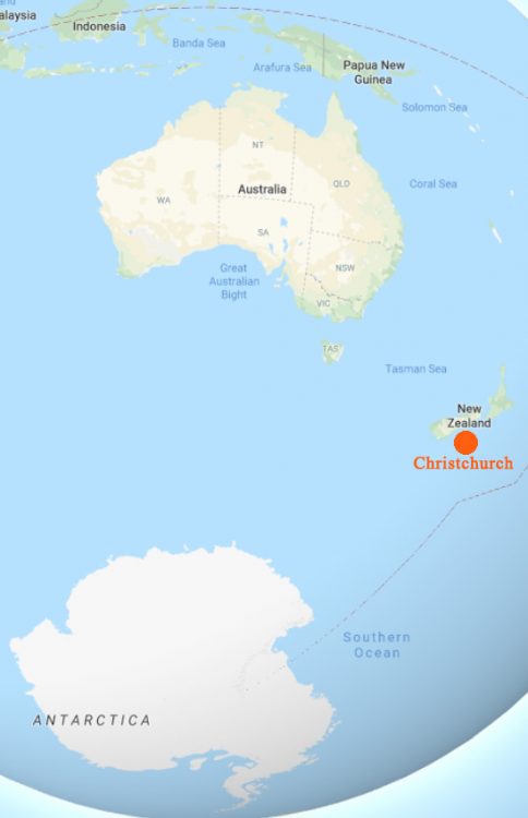 Christchurch, New Zealand, is 1328 miles (2,137 km) from Sydney, Australia, and 2,831 miles from coast of Antarctica.